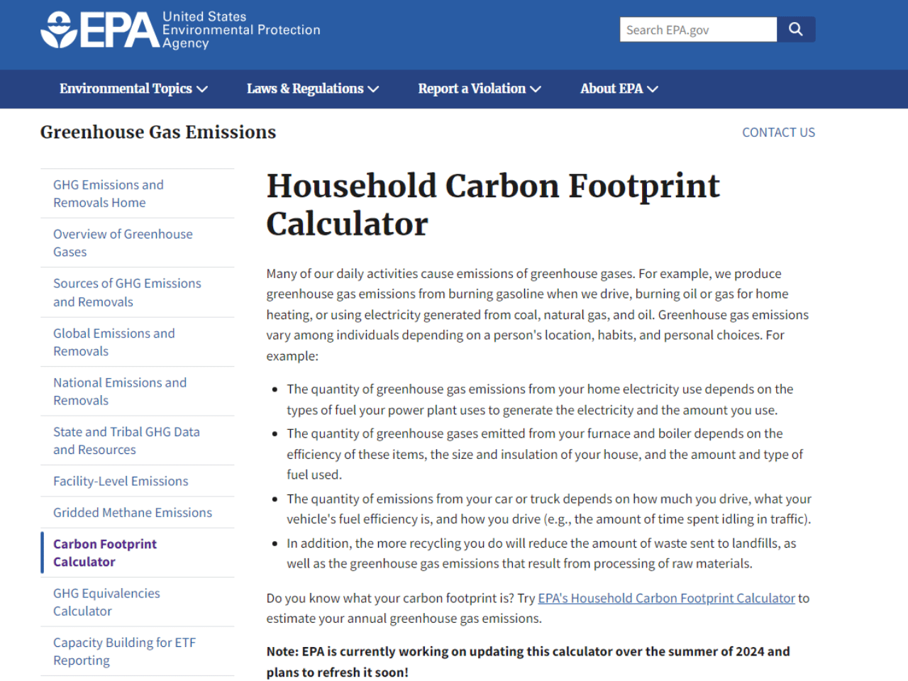 EPA - Houseold carbon footprint calculator