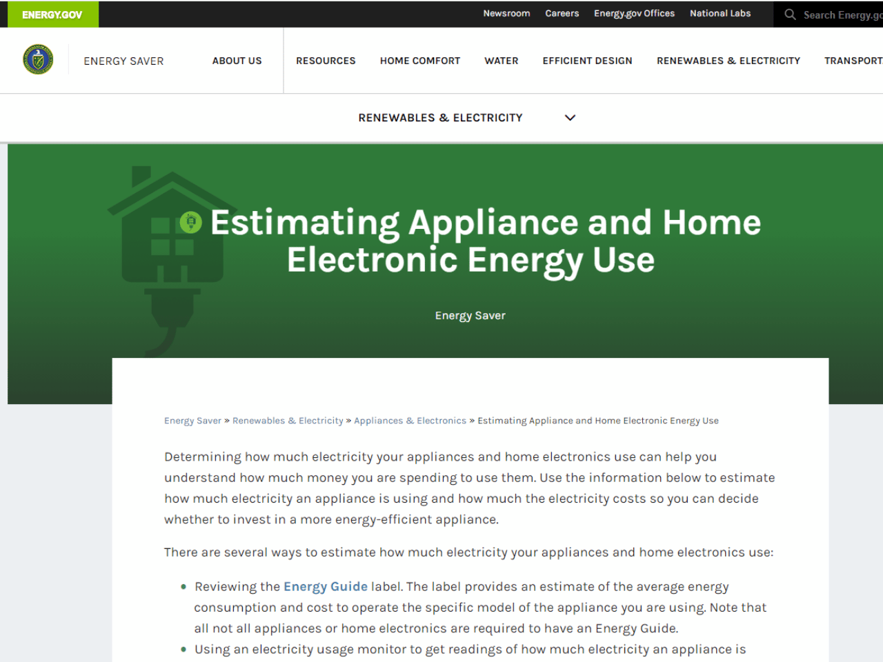 Energy Gov - Estimating Appliance and Home Electronic Energy Use