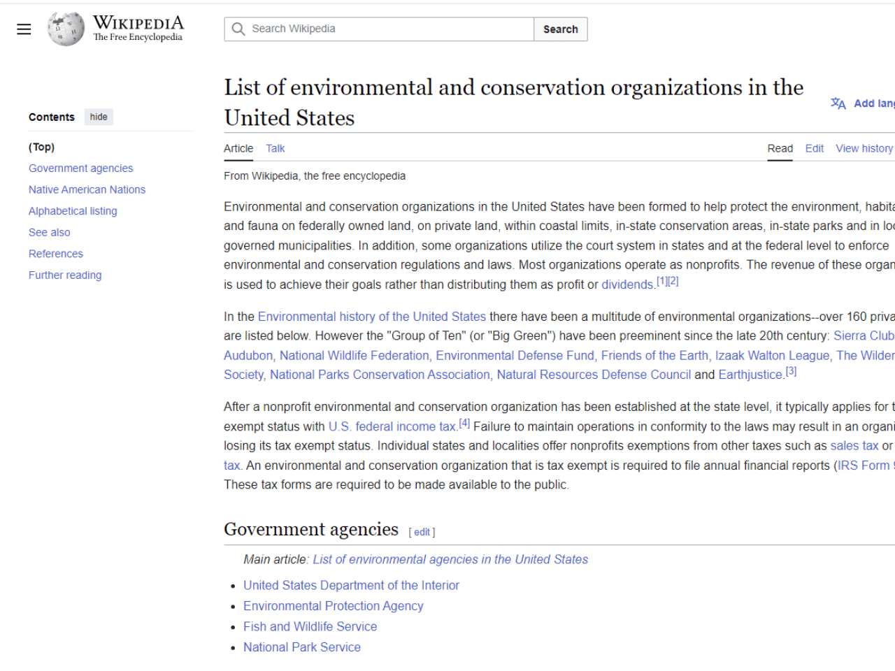 Wikipedia - List of environmental and conservation organizations in the United States